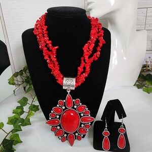 Boho Red Natural Stone Necklace Statement Pendant Matching Earrings Set